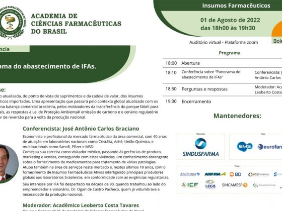 “Panorama do abastecimento de IFAs” é o tema da palestra do dia 01/08 com Jose Antonio Carlos Graciano. Inscreva-se
